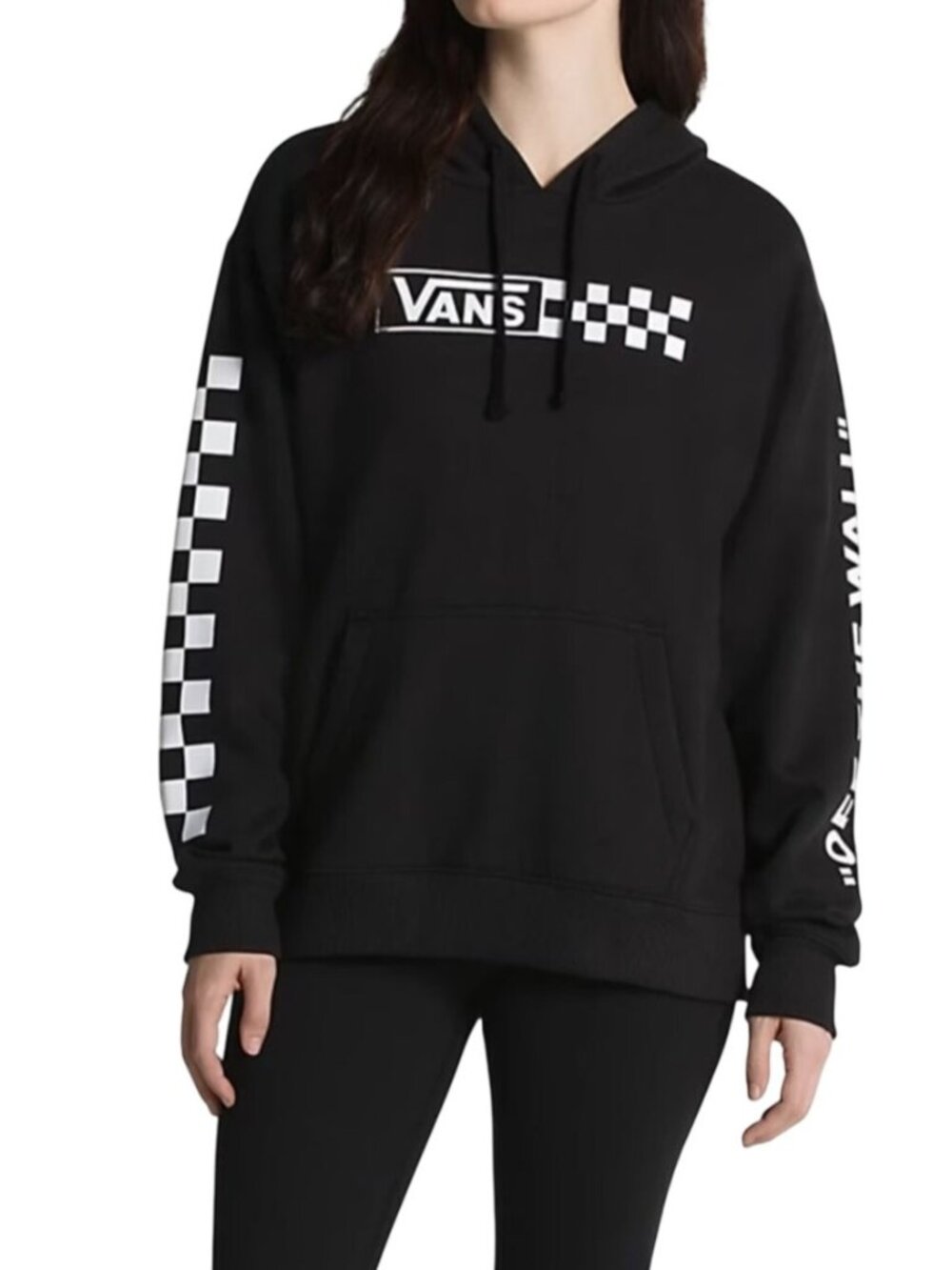 Vans Womens Black Hoodie With Checkerboard Sleeves & Logo Size XS